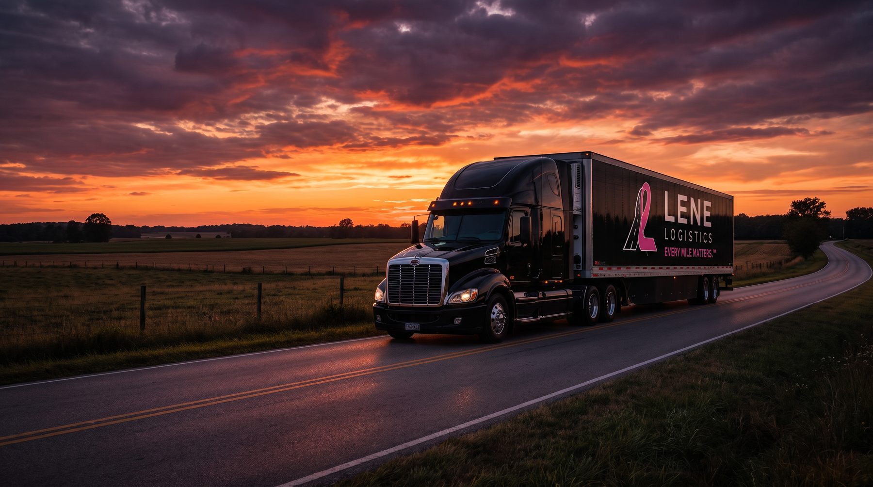 Black Lene Logistics truck on a rural road at sunset